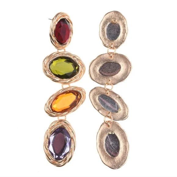 Vintage Style Colorful Crystal Indian Boho Gemstone Drop Statment Gold Earrings - Picture 3 of 4